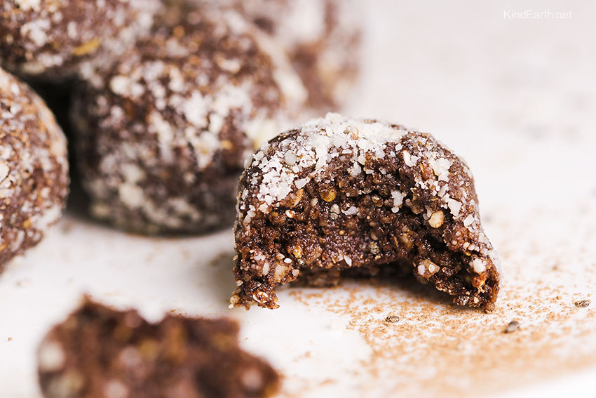 High protein power balls with hemp, flax seeds, chia seeds, almond and raw cacao - by Anastasia at Kind Earth