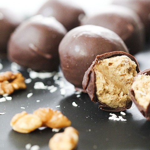 Raw chocolate covered truffles. Walnut date style by Anastasia at Kind Earth