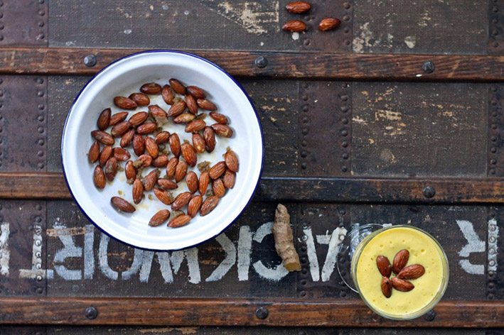 Turmeric Mango Lassi with Candied Black Pepper Almonds by Kate @veggiedesserts