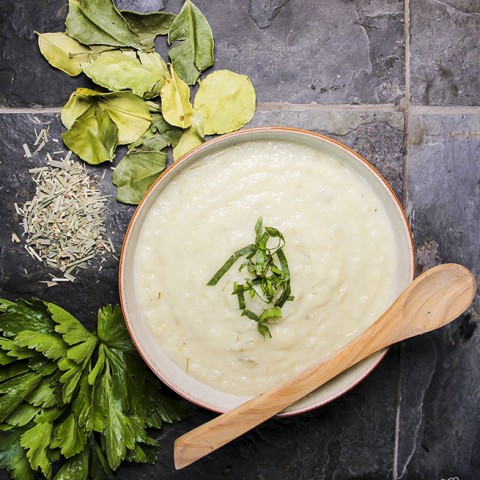 Celeriac Soup with Coconut, Dried Kaffir and Lemongrass - vegan