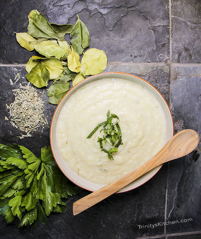 Celeriac Soup with Coconut, Dried Kaffir and Lemongrass - vegan
