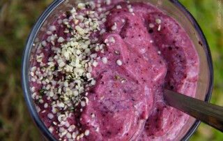 Spiritual wellness smoothie with maca, hemp seeds, morinaga and fresh fruits by Anastasia Eden