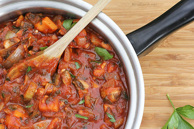 Mushroom & Sweet Potato Vegan Bolognese by Anastasia, Kind Earth - gluten-free, plant-based
