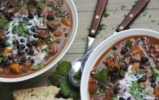 Chilli Black Bean Soup with Sweet Potatoes Mushrooms and Coconut - vegan gluten-free