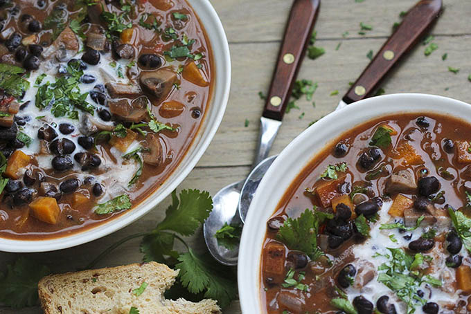 Chilli Black Bean Soup with Sweet Potatoes Mushrooms and Coconut - vegan gluten-free