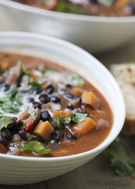 Chilli Black Bean Soup with Sweet Potatoes Mushrooms and Coconut vegan GF