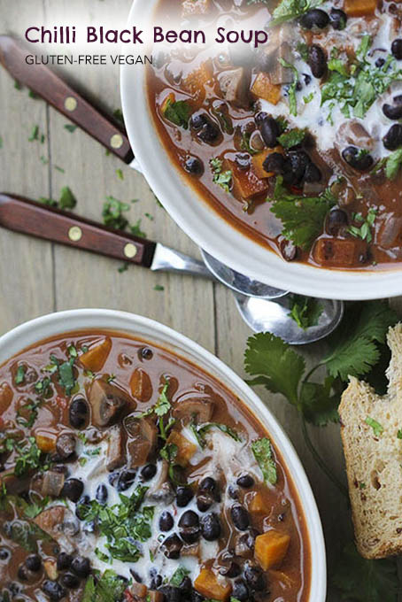 Chilli Black Bean Soup with Sweet Potatoes Mushrooms and Coconut
