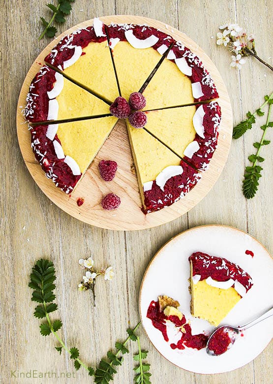 Raw vegan mango cheesecake with raspberry chia sauce, gluten-free by Anastasia, Kind Earth