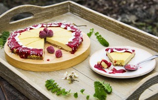 Raw vegan mango cheesecake with raspberry chia sauce, gluten-free by Anastasia, Kind Earth