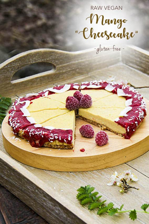Raw vegan mango cheesecake with raspberry chia sauce, gluten-free by Anastasia, Kind Earth