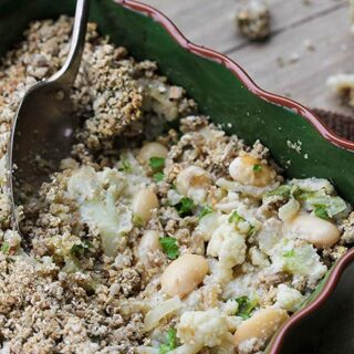Vegan butter bean bake with creamed coconut and an oat crumble topping