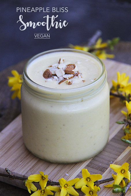 Pineapple Bliss Smoothie with almond butter - vegan, healthy. By Anastasia, Kind Earth