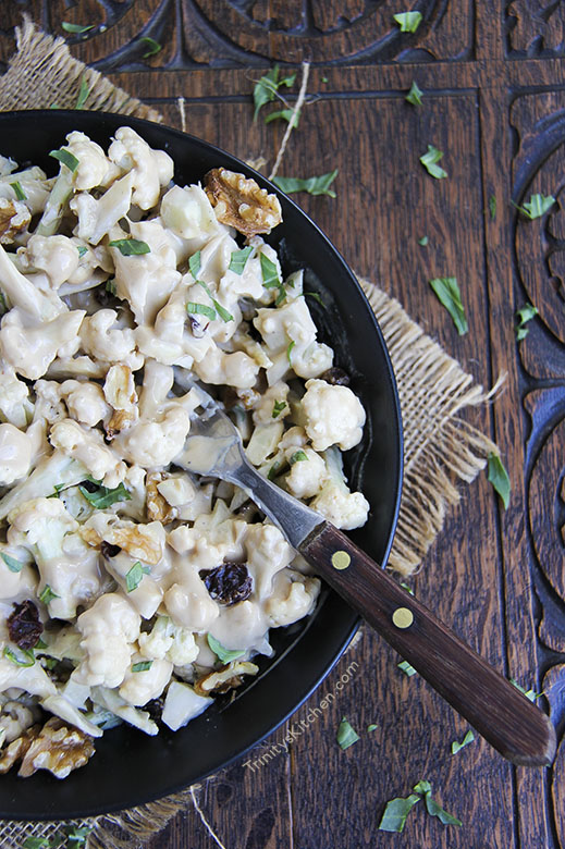 Walnut & raisin cauliflower raw-slaw salad with tahini sauce - glutenfree, vegan, dairy-free by Trinity