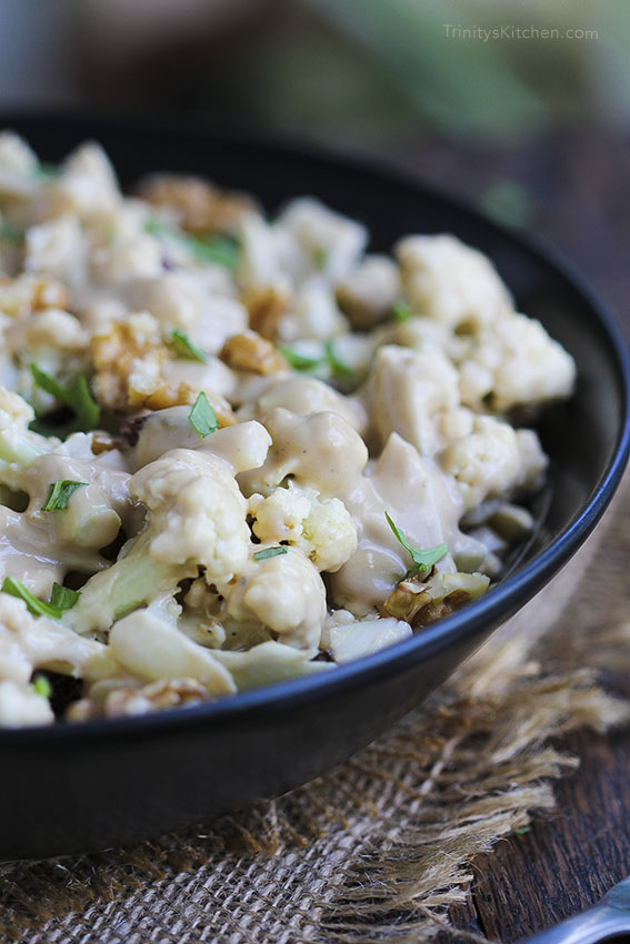 Walnut & raisin cauliflower raw-slaw salad with tahini sauce - glutenfree, vegan, dairy-free by Trinity