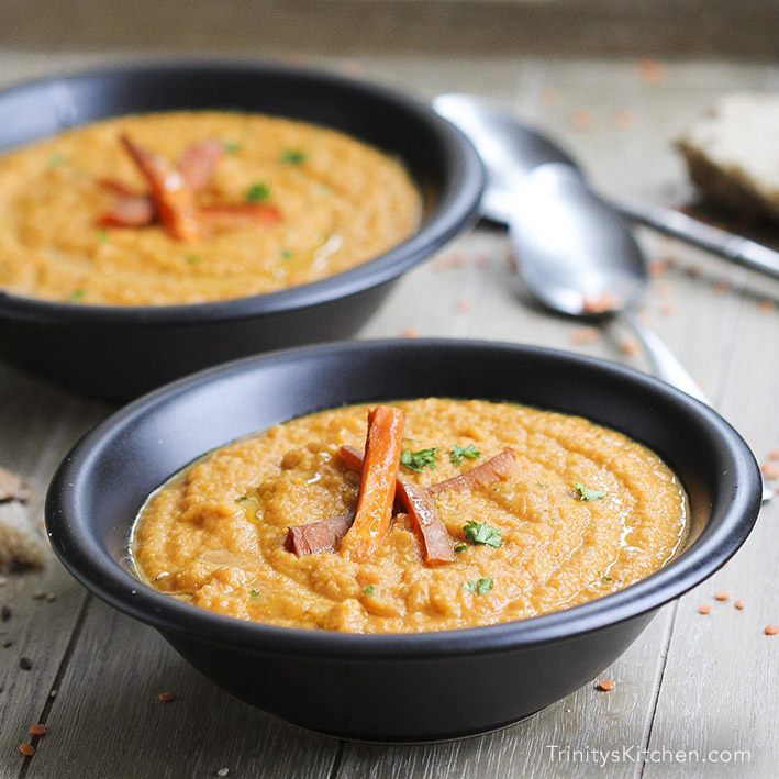 Carrot & Ginger Soup with coconut milk and lentils - vegan, naturally gluten-free and delicious by Trinity