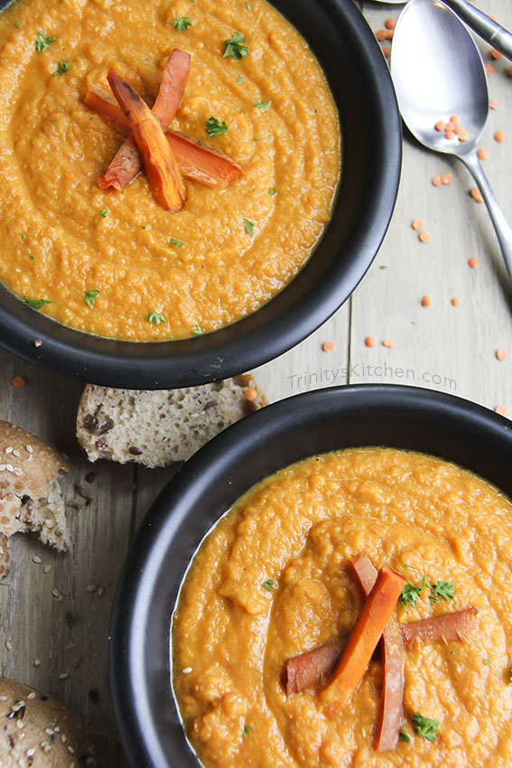 Carrot & Ginger Soup with coconut milk and lentils - vegan, naturally gluten-free and delicious by Trinity