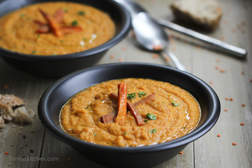 Carrot & Ginger Soup with coconut milk and lentils - vegan, naturally gluten-free and delicious by Trinity