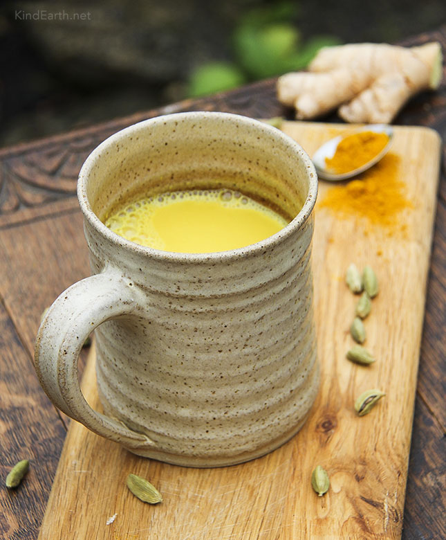 Milky vegan turmeric drink with cardamom & ginger by Anastasia,  Kind Earth
