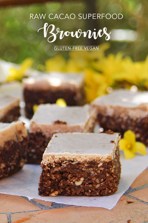Raw cacao superfood brownies, with coconut, lucuma, walnuts, sunflower seeds, hemp seeds. Gluten-free, Vegan by Anastasia @ Kind Earth