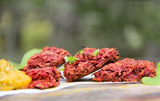 Baked beetroot bhajis, ginger, spices, chickpea flour - Anastasia, Kind Earth. Gluten-free, vegan