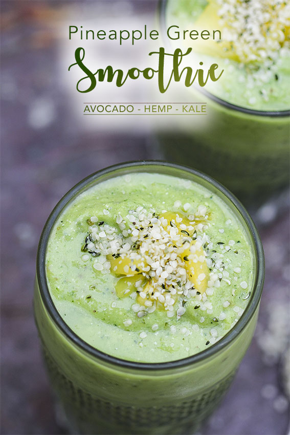 Pineapple green smoothie recipe with kale, avocado, hemp seeds and dates. By Anastasia, Kind Earth - vegan, gluten-free deliciousness