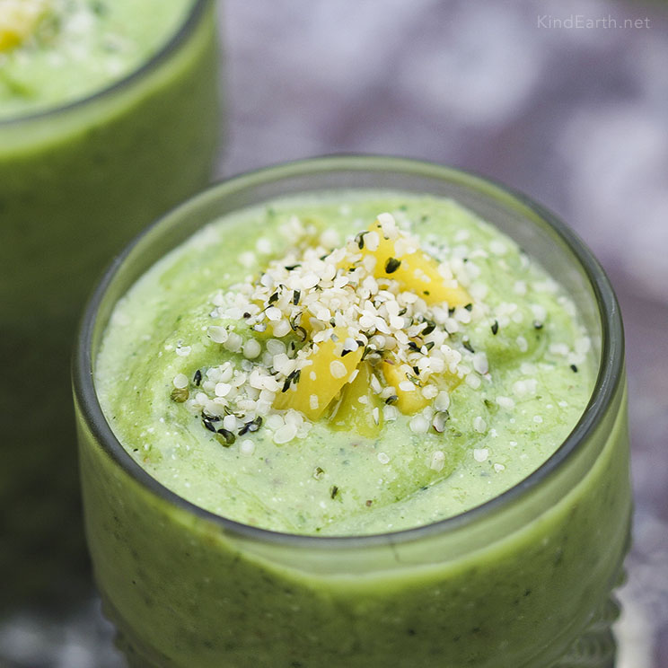 Pineapple green smoothie recipe with kale, avocado, hemp seeds and dates. By Anastasia, Kind Earth - vegan, gluten-free deliciousness