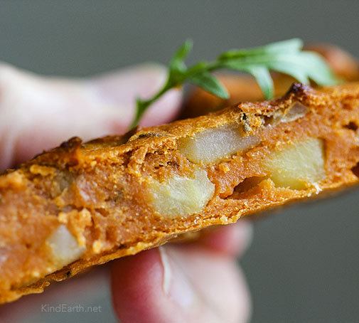 Parsnip and potato farinata slice with chickpea flour. Gluten-free, vegan by Anastasia, Kind Earth