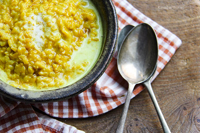 Golden Rice Pudding with turmeric, organic short grain rice, coconut milk, coconut sugar and lots of love by Anastasia, Kind Earth