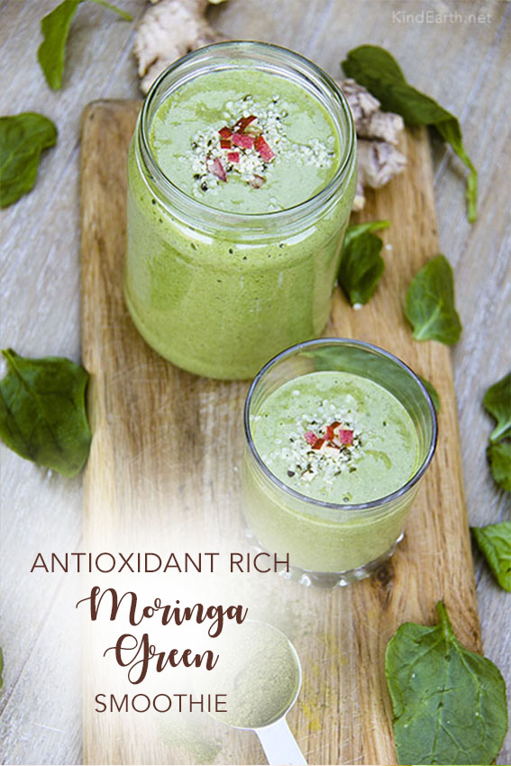 Moringa Antioxidant Rich Green Smoothie with moringa leaf powder, spinach, ginger, banana, mango, pineapple and hulled hemp seeds. Vegan, gluten-free by Anastasia, Kind Earth