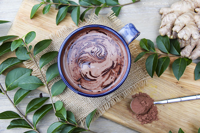 Easy vegan hot chocolate made from scratch in a blender using cashews and hempseeds, ginger, cacao and maple syrup - by Anastasia, Kind Earth