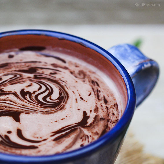 Easy vegan hot chocolate made from scratch in a blender using cashews and hempseeds, ginger, cacao and maple syrup - by Anastasia, Kind Earth