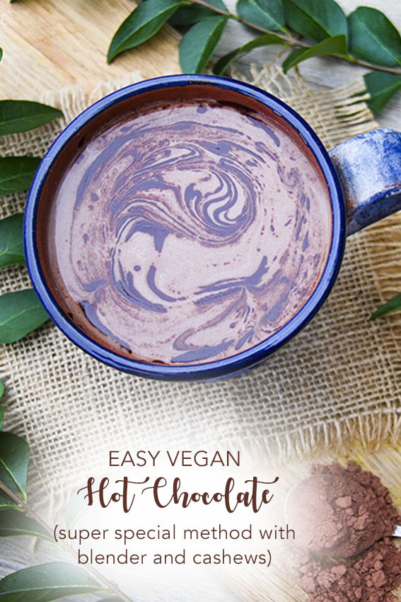 Easy vegan hot chocolate made from scratch in a blender using cashews and hempseeds, ginger, cacao and maple syrup - by Anastasia, Kind Earth