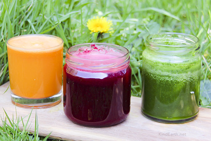 Immune-boosting juice - 3 delicious ways. Carrot and turmeric; Dandelion and apple; Beetroot and ginger. By Anastasia, Kind Earth