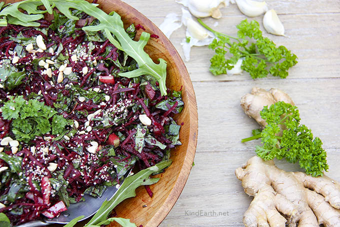Immune boosting salad with beetroot, ginger, garlic kale and parsley - by Anastasia, Kind Earth