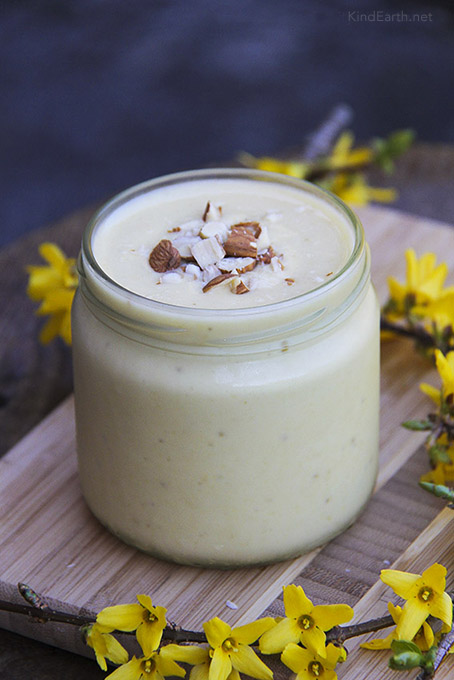 Pineapple Bliss Smoothie with almond butter - vegan, healthy. By Anastasia, Kind Earth