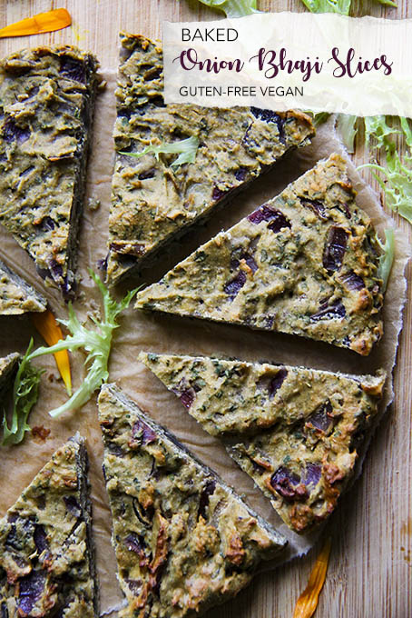 Based onion bhaji slices with fresh ginger, chickpea flour - healthy, gluten-free vegan by Anastasia, Kind Earth