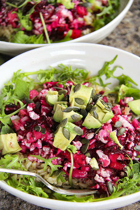 Nutritious plant-based meal inspiration with beetroot, cauli, ginger, avocado, rice and all things nice - gf vegan