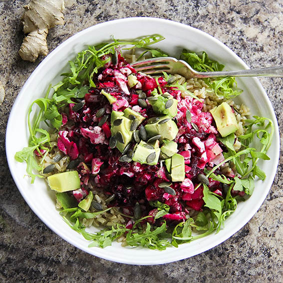 Nutritious plant-based meal inspiration with beetroot, cauli, ginger, avocado, rice and all things nice