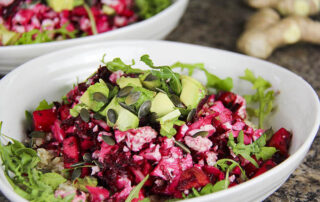Nutritious plant-based meal inspiration with beetroot, cauli, ginger, avocado, rice and all things nice