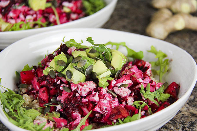 Nutritious plant-based meal inspiration with beetroot, cauli, ginger, avocado, rice and all things nice