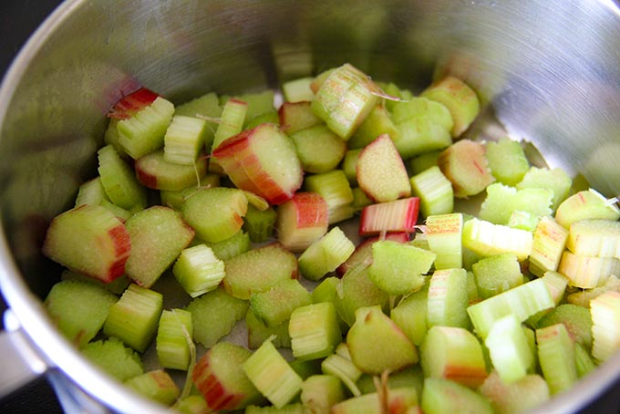 Chopped rhubarb in the pan