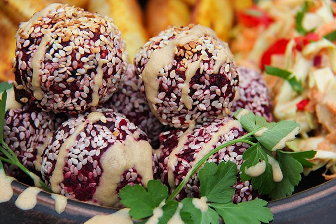 Vegan beet balls with nuts, almonds, pumpkin seed and beetroot