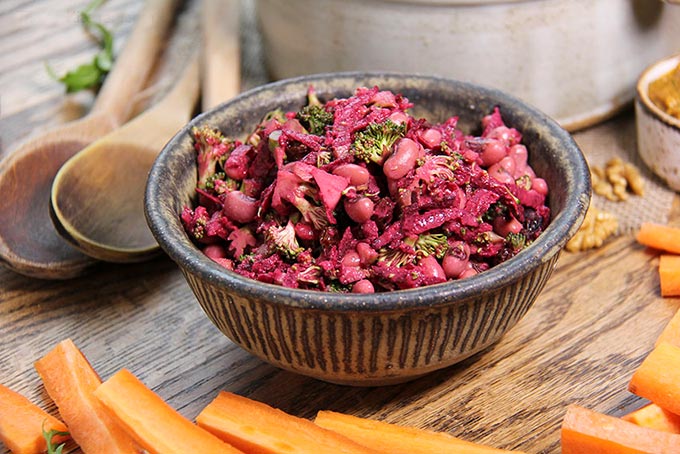 black eyed bean beetroot salad with tahini sauce