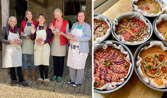 Guests making vegan baked farinata slices on Anastasia Eden's plant-based retreat