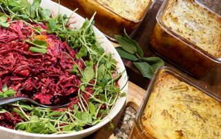 Roast butternut squash beetroot raw slaw with lentil cottage pie