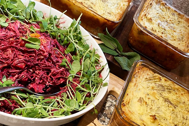 Roast butternut squash beetroot raw slaw with lentil cottage pie