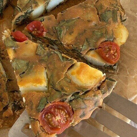 Baked potato and spinach fritta, gluten-free vegan slice