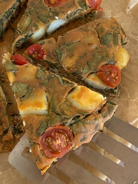 Baked potato and spinach fritta, gluten-free vegan slice