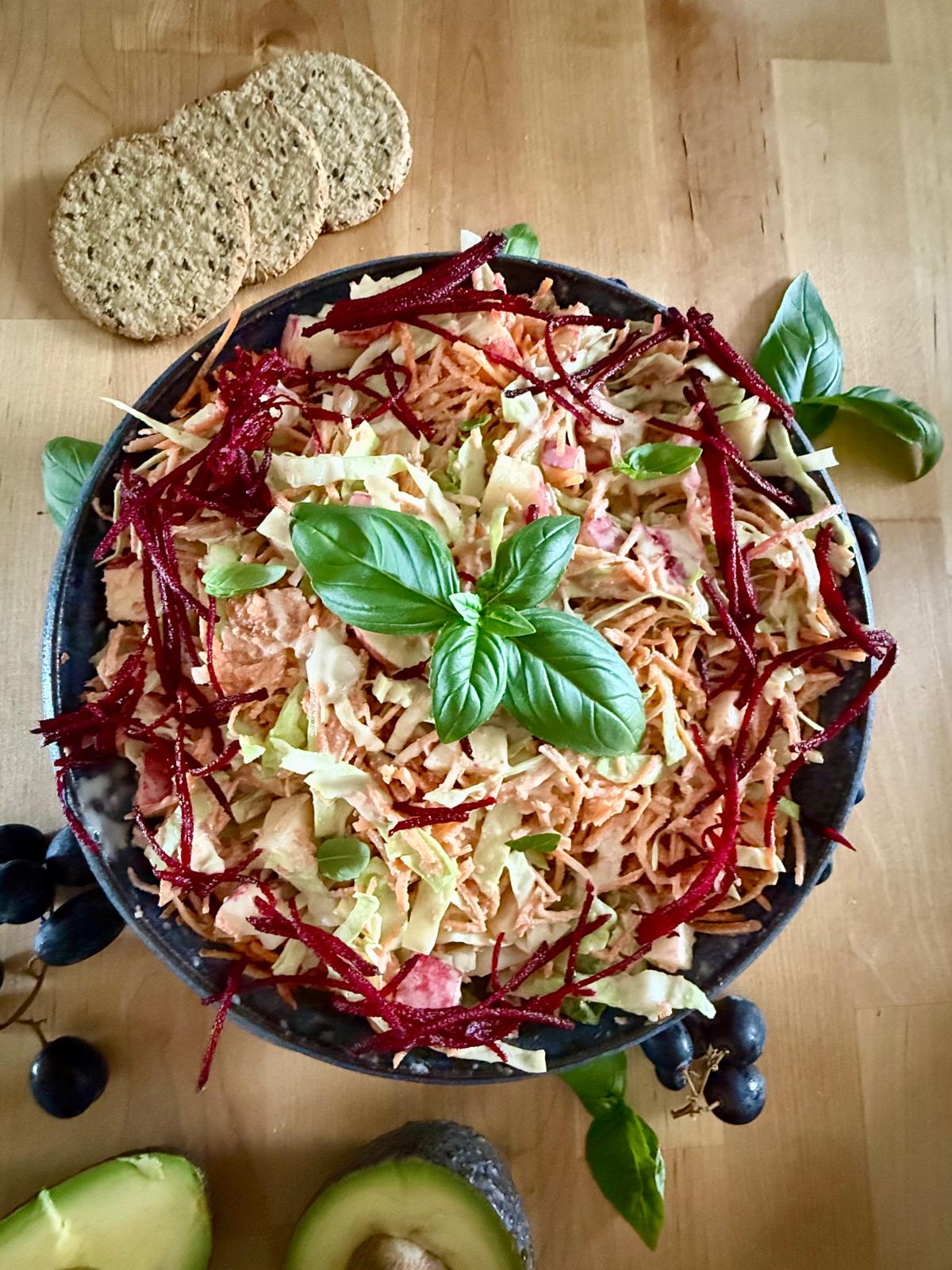 Vegan slaw with tahini sauce, no mayo, healthy