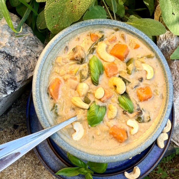 creamy vegan cashew ginger soup with red lentils